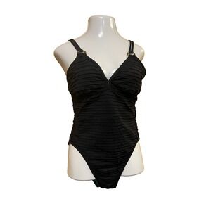 St John One Piece Triangle Bust Swimsuit Black Pintucks Turquoise Lining SZ 10